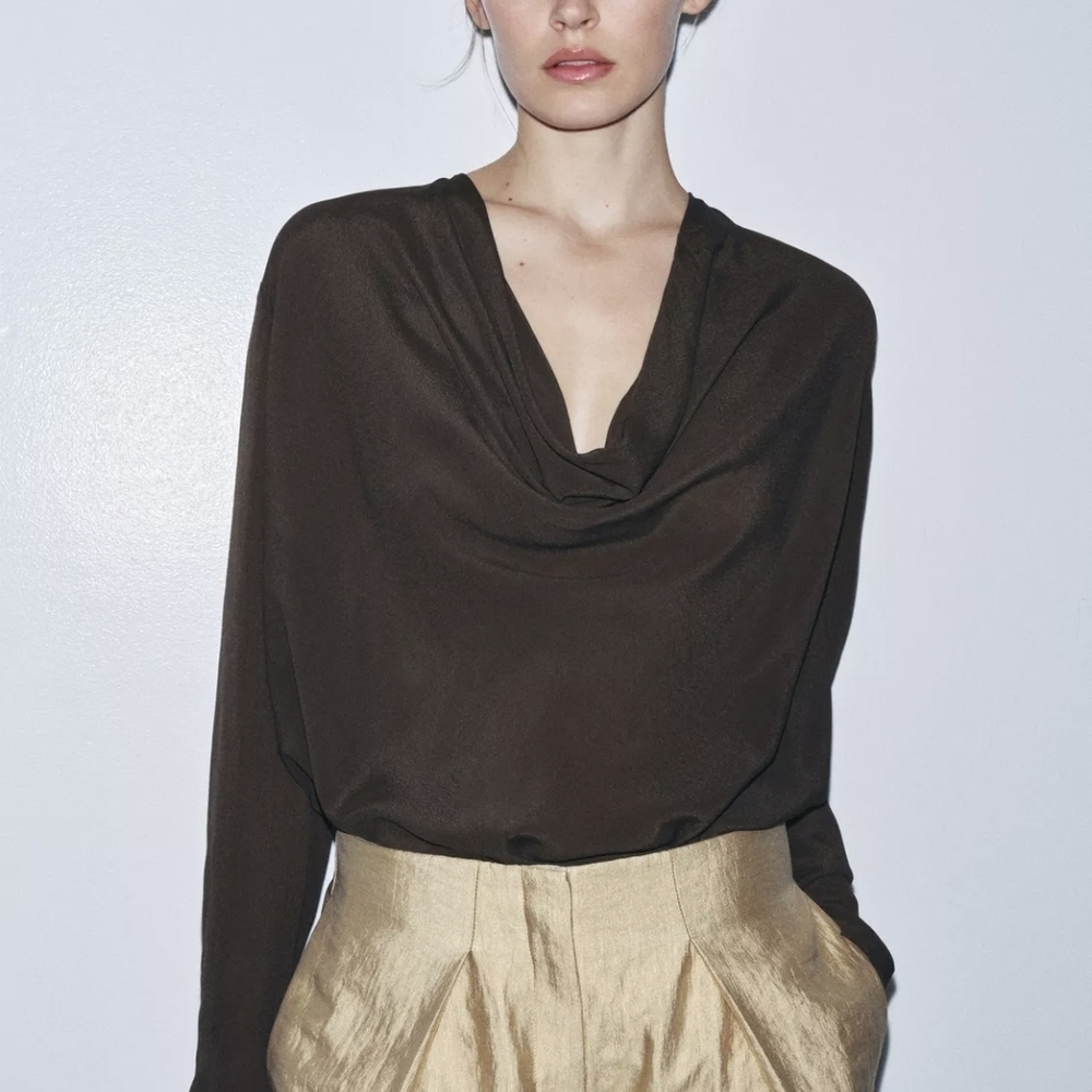 ZARA Cowl Neck Tobacco Brown Draped Blouse NWT